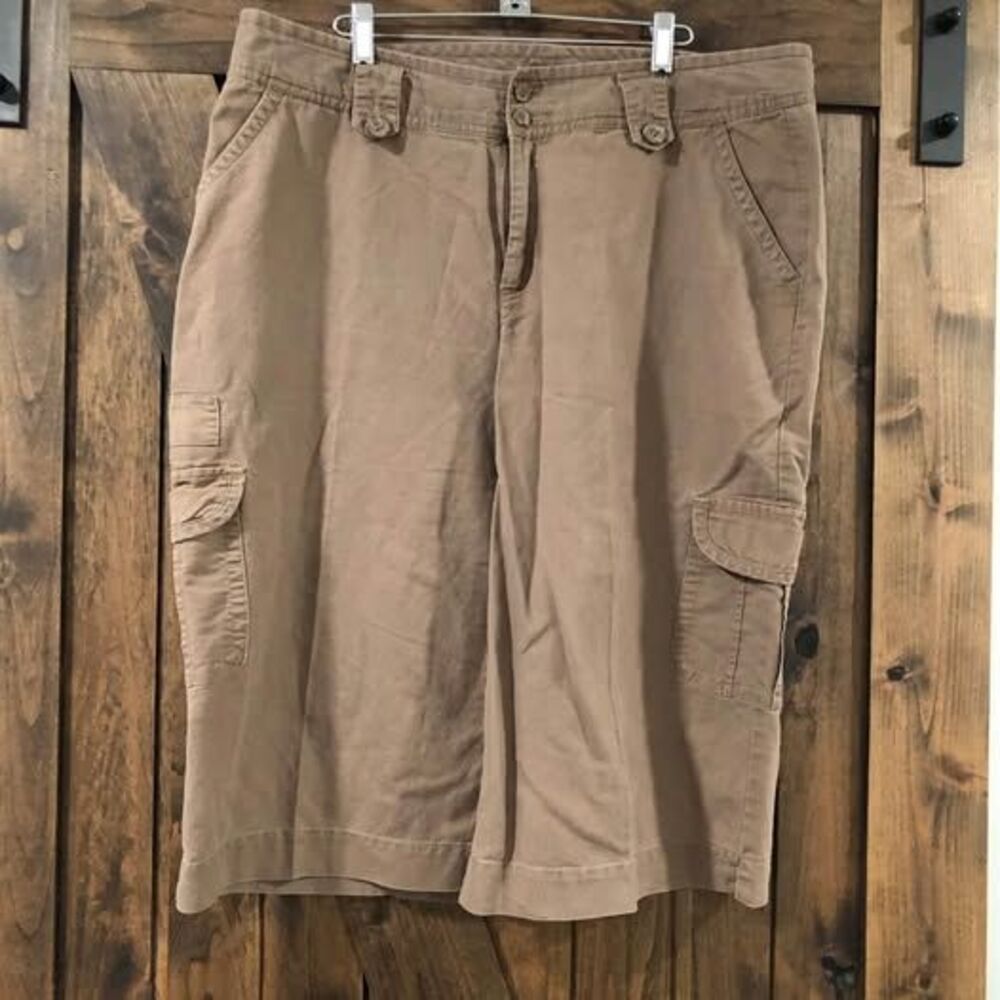 1X size 18 Venezia Linen/Cotton blend Brown Capris Pants 16” Inseam Pockets GG4